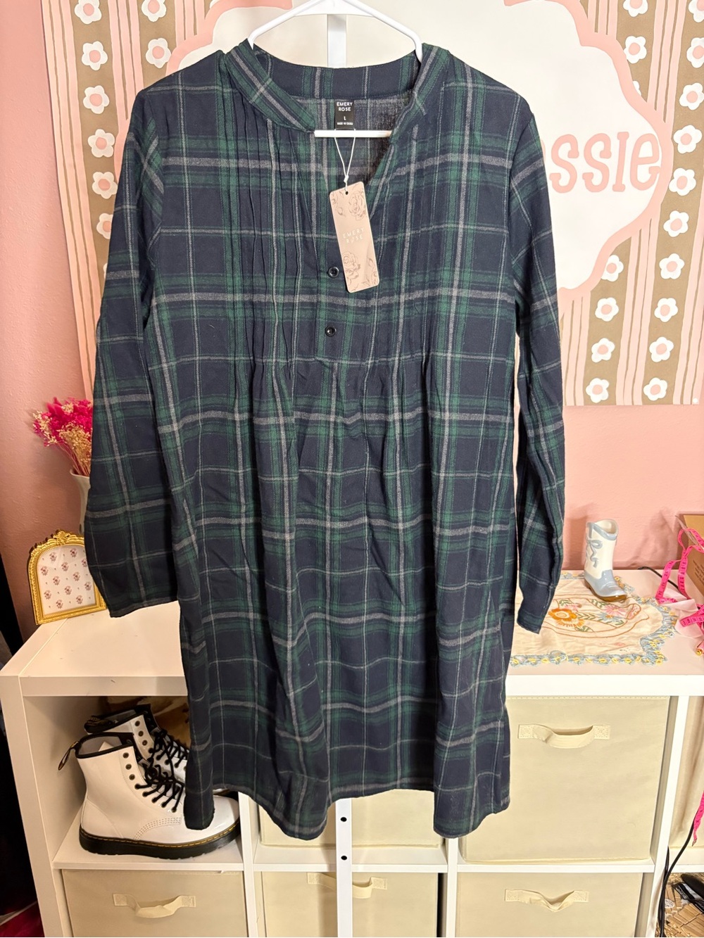 Emery Ross Green Plaid Henley Shirt Dress